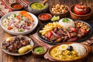 Mesa servida con variedad de comidas peruanas y platos criollos