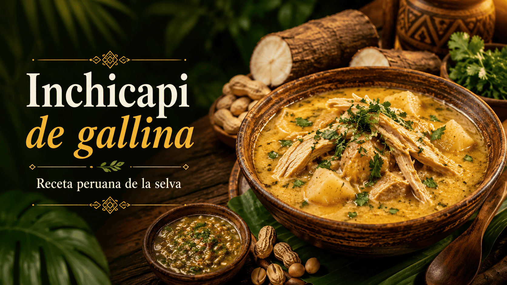 Receta de inchicapi de gallina, comida peruana de la selva con maní, yuca, maíz y sacha culantro